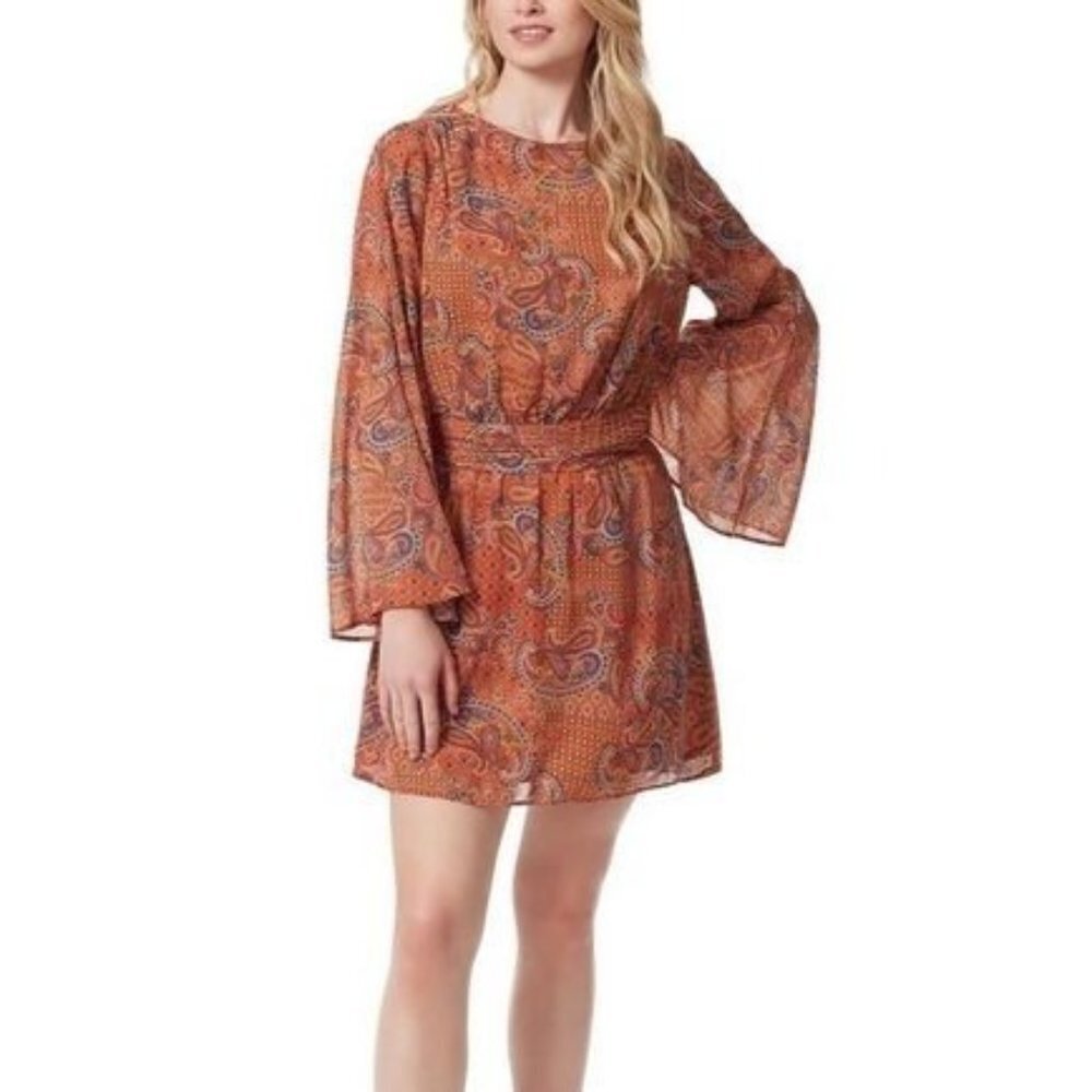 Jessica Simpson Amella Dress S Winding Trial Adobe Boho Paisley Flare Sleeve NWT